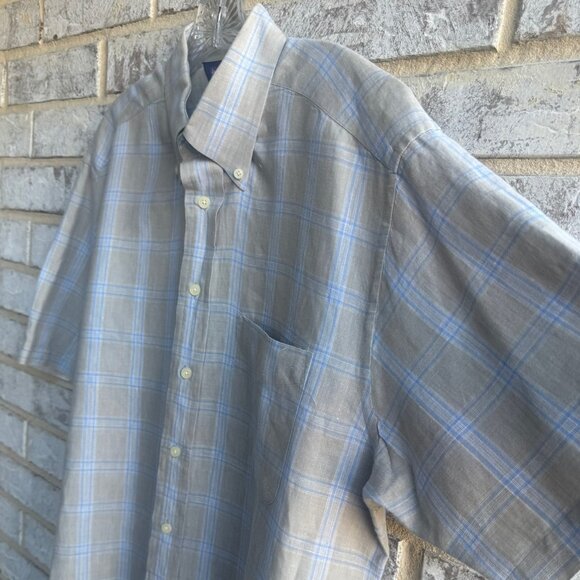 Henry Jacobson Long Sleeve Button Up Collared 100% Linen Plaid Shirt Size L - Picture 7 of 9